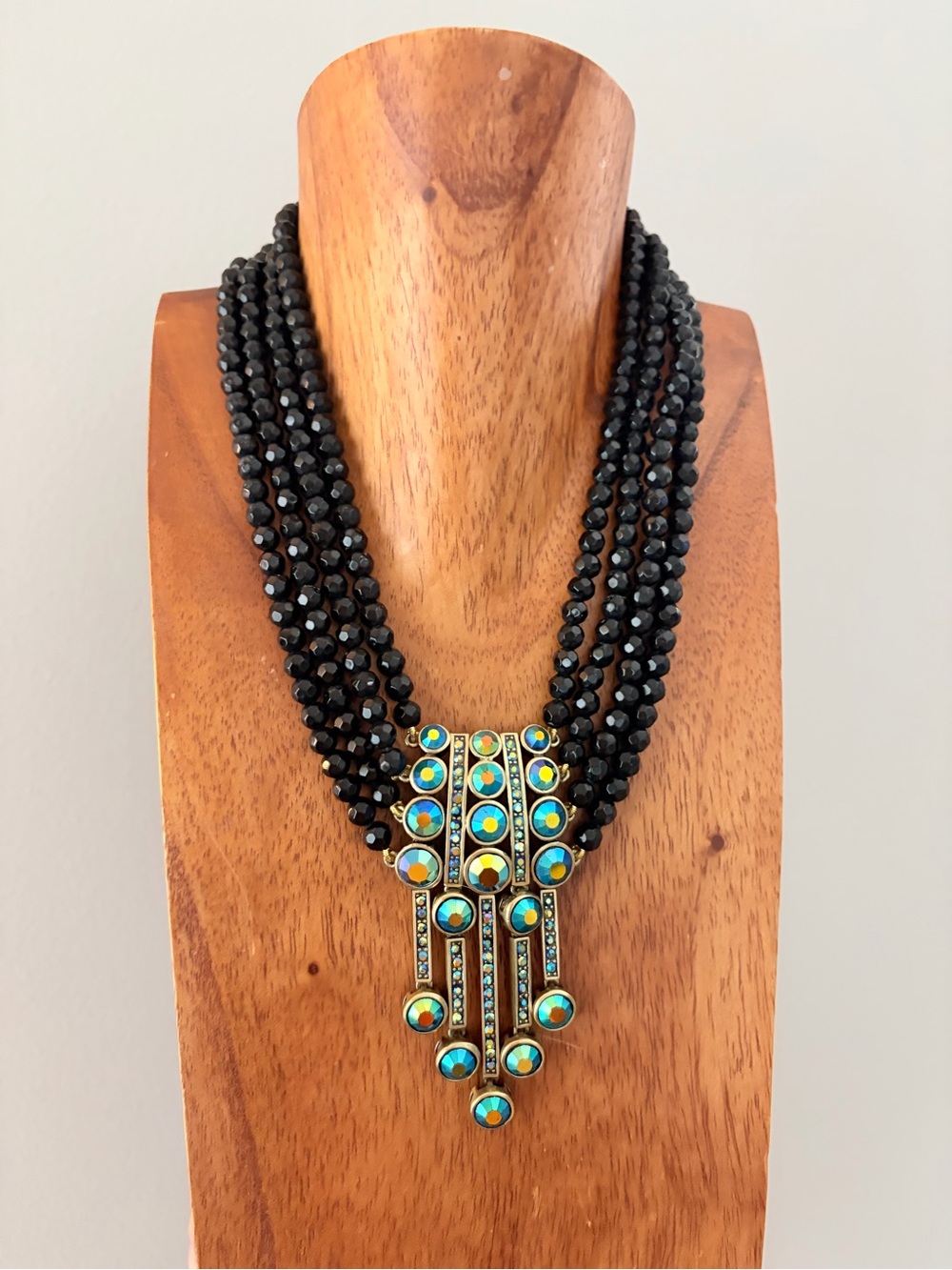 Vintage Heidi Daus Black Beaded Multi-Strand Necklace with Blue-Green Pendant